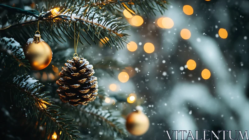 Shallow depth-of-field study of snowy pinecone and bauble decor