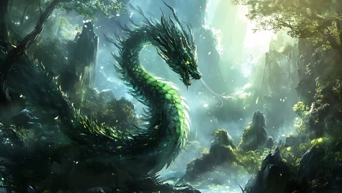 Emerald forest dragon coiled through misty mountain valley.