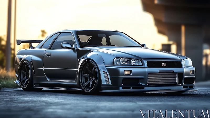 Widebody silver GT-R coupe in cinematic sunset lighting.