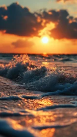 Golden sunset waves crash and shimmer along a quiet shore