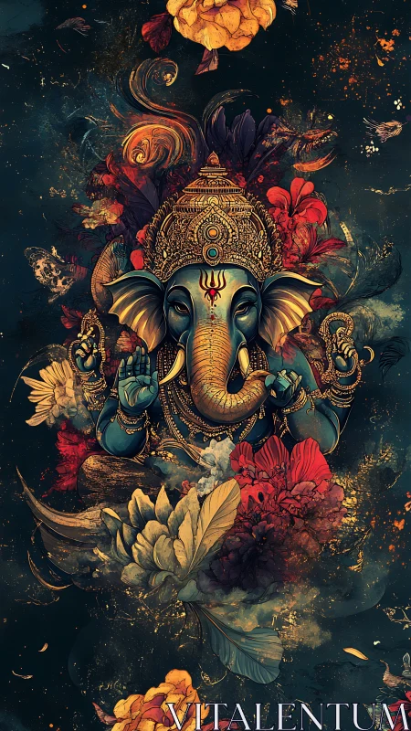 Divine blue elephant deity rises within swirling florals