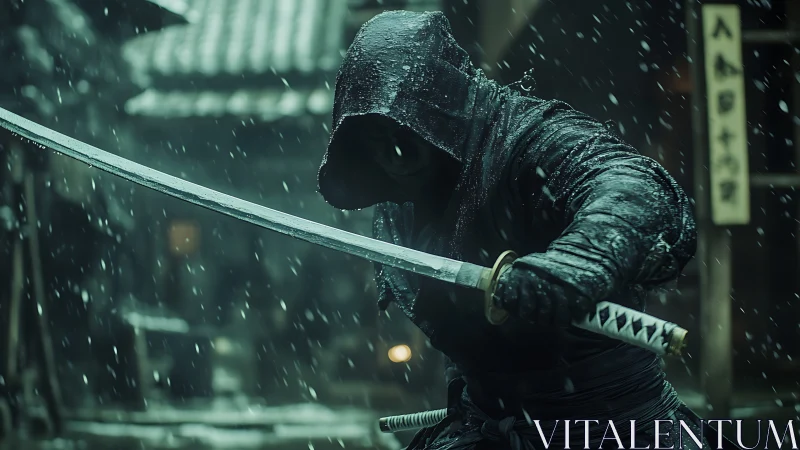 Snow-drenched hooded warrior holds a poised katana stance