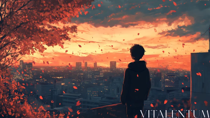 Solitary dreamer under ember skies above autumn city.