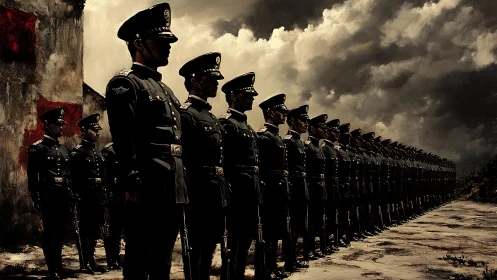 Uniformed soldiers stand in rigid formation under storm clouds