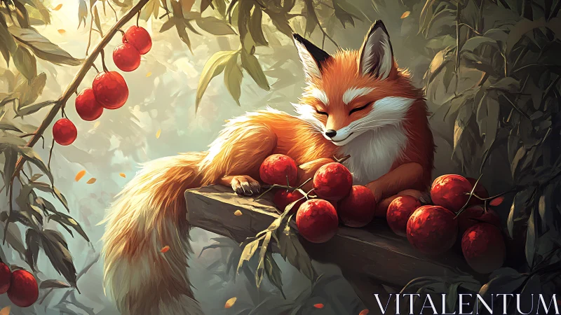 Red fox resting on wooden ledge among clustered red fruit.
