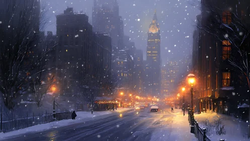 Snow-dusted boulevard hums softly beneath amber city glow