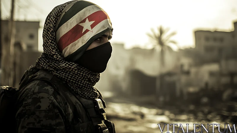 Hooded street sentinel under a fading war-torn sunrise.