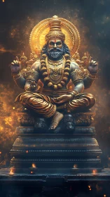 Golden seated deity statue with ornate halo and fire backdrop.