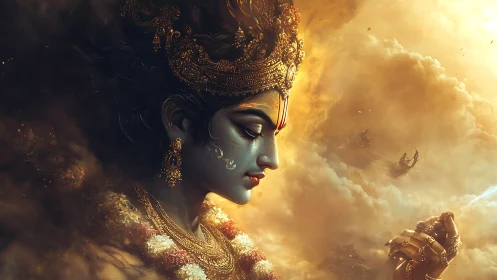 Divine blue-skinned deity profile emerges from radiant war clouds