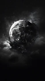 Shattered lunar sphere dissolving into cosmic shadow clouds.