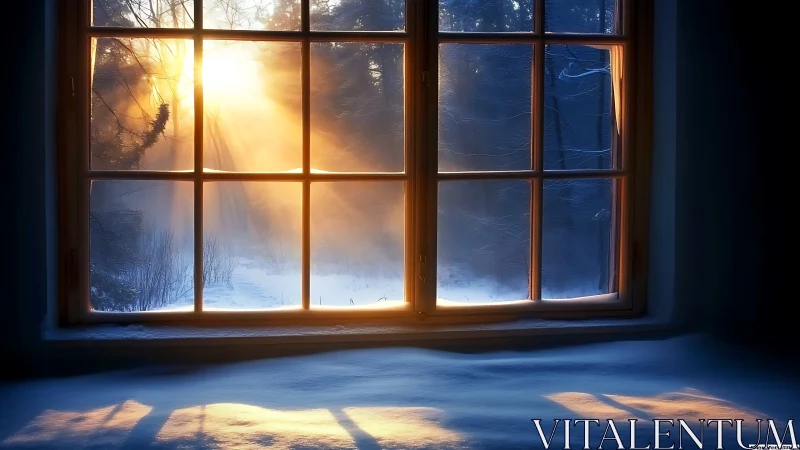 Winter window basked in sunrise fire and soft blue hush.
