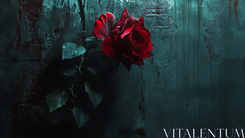 Photorealistic crimson rose on distressed teal metal wall.