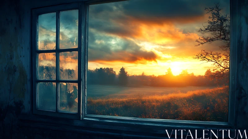 Old window frame opens onto vivid digital sunset landscape