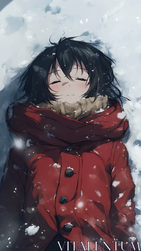 Snowy portrait of sleeping girl in red coat with soft shading