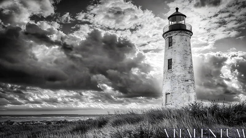 Monochrome coastal lighthouse under dramatic storm cloud field