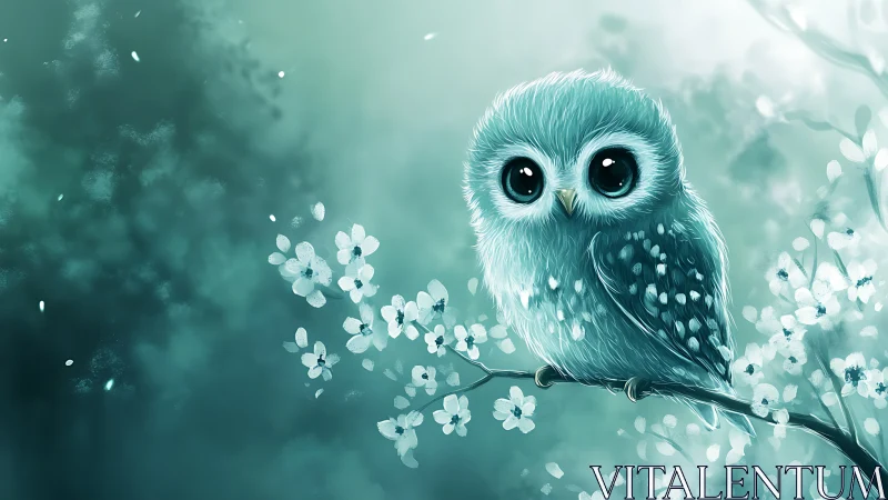 Cute blue owl on cherry blossom branch, whimsical digital art.