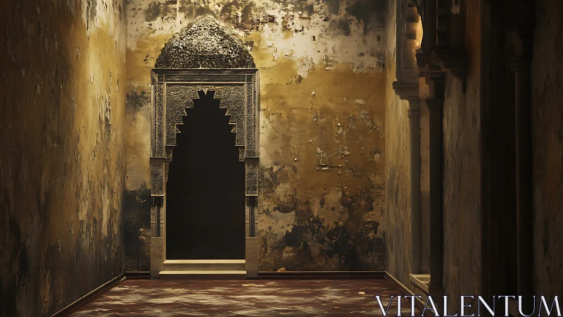 Ornate arched doorway in aged, textured interior corridor.