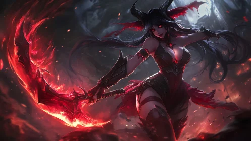 Demonic warrior queen commands a blazing infernal scythe