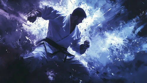 Martial artist explodes through swirling electric blue energy