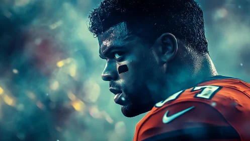 Intense sideline profile of gridiron player under stadium haze