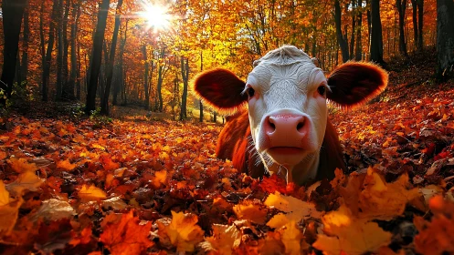Curious cow resting in bright orange autumn forest leaves.