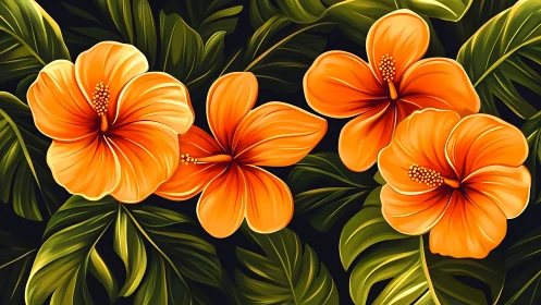 Luminous Hibiscus Dance: Tropical Fire Blooms Ignite Emerald Shadows.