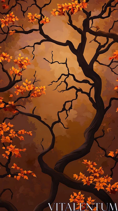 Curved dark tree branches intersect against an orange backdrop