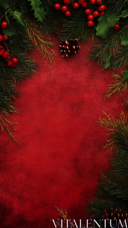 Christmas border with pine branches and bright red berries.