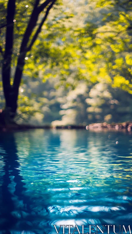 High-bokeh forest pool scene with shallow depth of field rendering