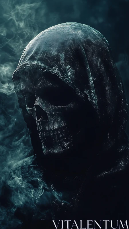 Shrouded skeletal reaper in cold teal cinematic lighting.