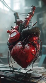 Mechanical heart sculpture with industrial tubing and wiring.