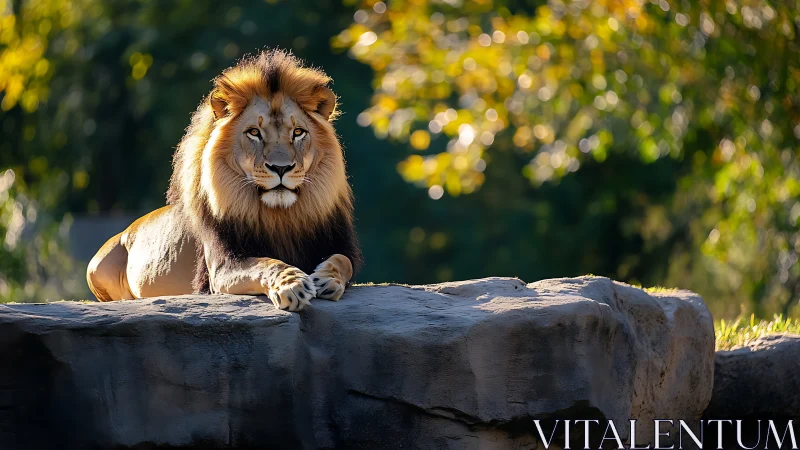 Male lion rests on sunlit rock ledge in shallow depth of field