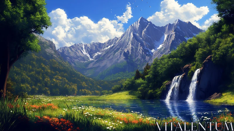 Mountain lake landscape with waterfalls and wildflowers.