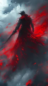 Solitary red‑cloaked warrior amid stormy abstract sky.