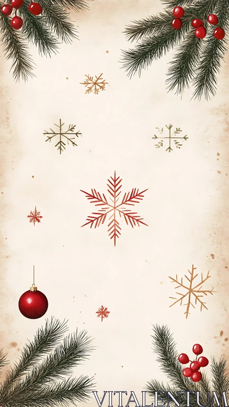 Vintage botanical Christmas frame with stylized snowflake grid.