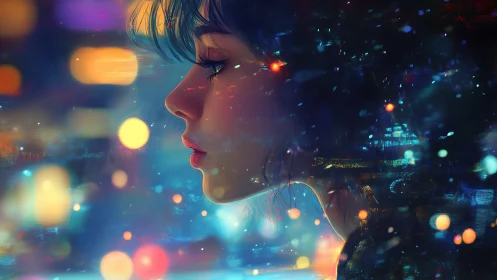 Neon city girl profile in luminous bokeh nightscape.