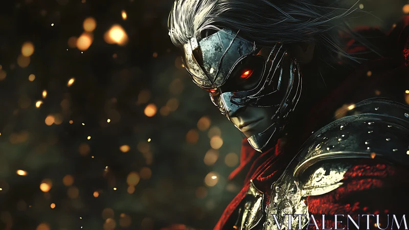 Ember-eyed metal warlock stalks through drifting sparks of dusk.