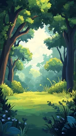 Luminous Forest Clearing With Ancient Trees.