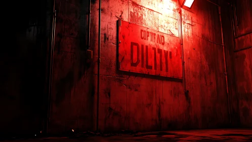 Red industrial corridor wall with worn warning sign.