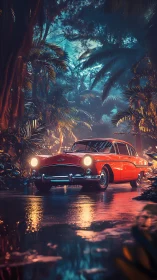 Red vintage sedan parked on wet jungle roadway at dusk.