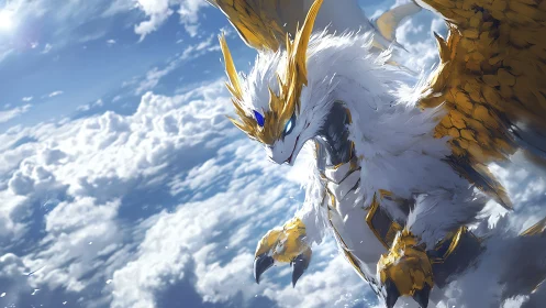 Armored celestial dragon with golden wings descends above clouds