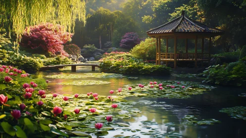 Sunlit garden pavilion rests beside a lily filled pond