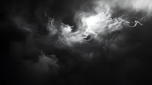 Luminous white nebula swirling through deep black void.