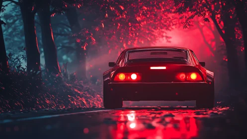 Retro sports car under neon red forest backlighting.
