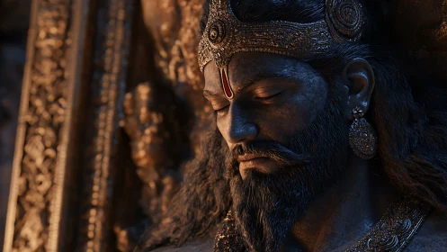 Regal stone monarch in ornate golden relief portrait.