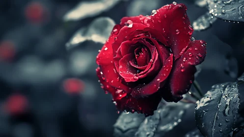 Deep Red Rose with Water Droplets.