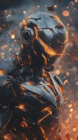 Molten-core exosuit warrior amid drifting ember storm.