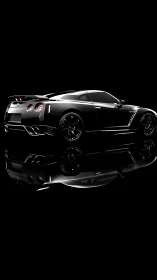 Black sports coupe rear profile on reflective black background.
