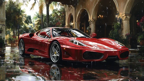 Red mid‑engine sports car in rainy courtyard setting.