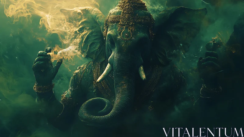 Mythic elephant-headed deity in emerald smoke and ember light